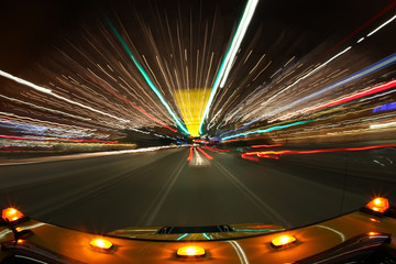 Speed Driving in Los Angeles With Bright City Lights