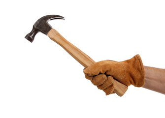 Gloved hand holding a hammer on white with copy space