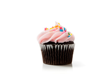 Pink chocolate cupcakes on white