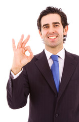 Handsome Businessman making OK sign, isolated on white backgroun