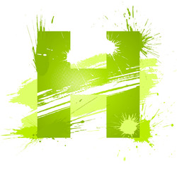 Green abstract paint splashes font. Letter H