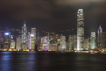 Fototapeta na wymiar Illuminated Hong Kong Island skyline with reflections at night