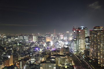 Fototapeta na wymiar Oświetlone miasta Tokio w Japonii w nocy z wysokim powyżej