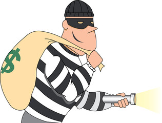 Portrait of Burglar holding bag of money and flashlight