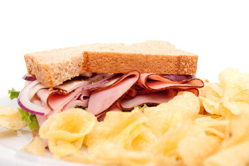 Ham sandwich platter with potato chips