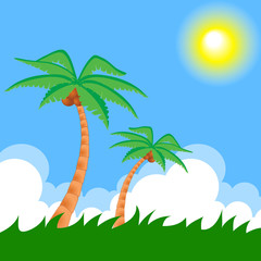 Fototapeta na wymiar Two palm trees against the dark blue sky
