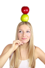 Woman with apples on head