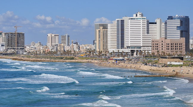 View to Tel Aviv coastline with the modern hotels. Israel.