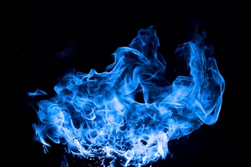 Papier Peint photo Lavable Flamme feu bleu sur fond noir