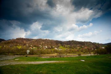 Spring scenery with meadow and cloudy sky