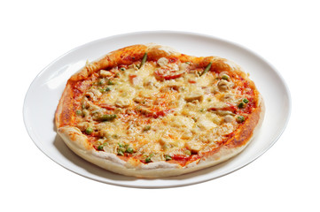 Pizza with mushrooms and peas isolated on white background