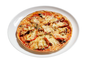 Pizza with bacon and tomatoes isolated on white background