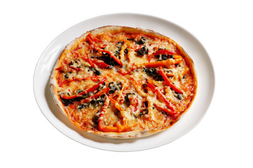 Pizza with mushrooms and pepper isolated on white background
