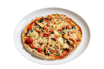 Pizza with mushrooms and cherry-tomatoes isolated on white backg