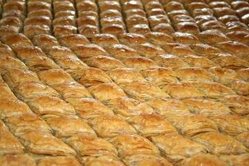Baking tray full of fresh and juicy Baklava