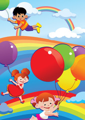 Children flying on balloons. Happy childhood.