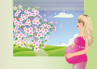Sweet expectation seasons, spring. pregnant woman is by window