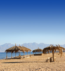 Resort image with blue sky, sandy beach and palms