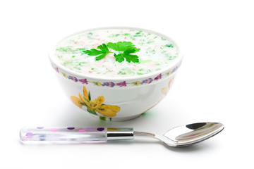 Bowl of cold soup with chopped vegetables, potherbs, meat and kv