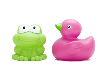 toy rubber group with duck and frog isolated on white background