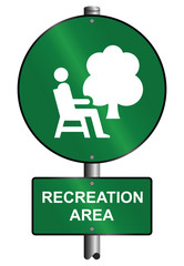 Recreation area graphic and text sign mounted on post