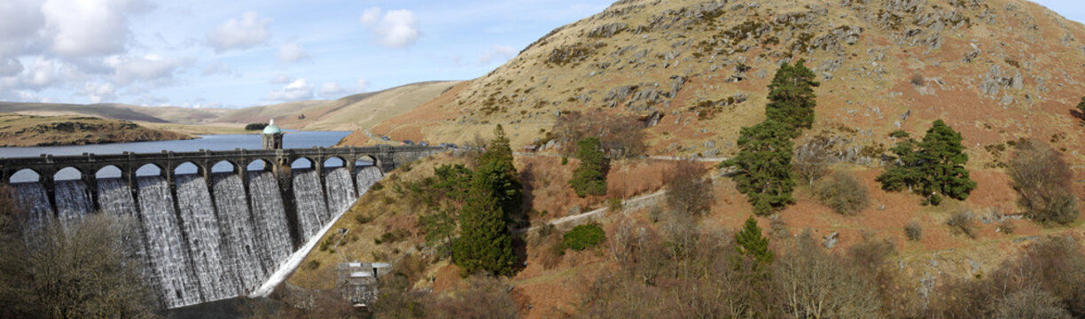 Craig Goch dam panorama, Elan Valley Wales UK.