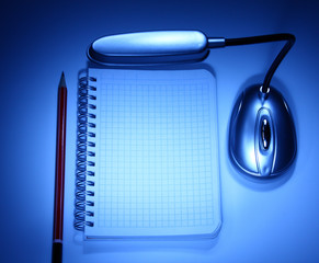 Notepad, wooden pencil and a small led lamp (night work)