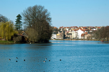 Obraz premium Großer Teich mit Häuserfront in Altenburg