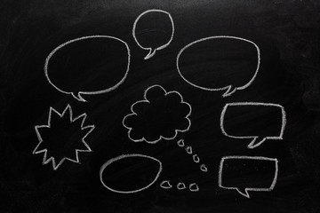 Speech and think bubbles on a blackboard