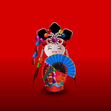 Chinese Doll In Red With Blue Fan