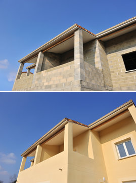 D&eacute;tail d'une fa&ccedil;ade de maison, avant, apr&egrave;s.