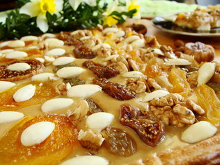 cake with almonds, nuts, apricots and figs