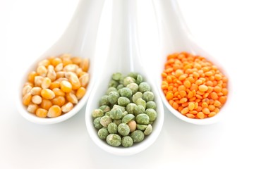 yellow corn, green peas and red lentil