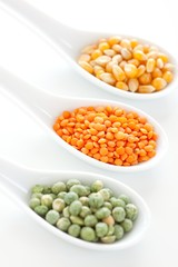yellow corn, green peas and red lentil