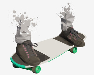 feet in running shoes and standing on skate board
