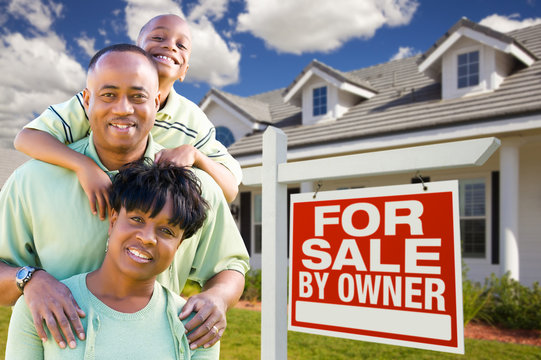 African American Family with For Sale By Owner Sign
