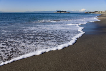 Beach and waves, Mt Fuji and Enoshima Island.
