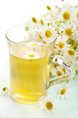 cup of herbal tea with camomile flowers
