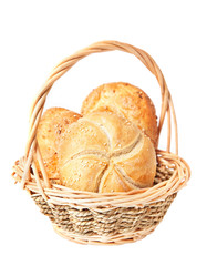 Crispy fresh rolls in a basket on a white background.