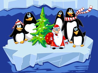 Santa with penguins and Christmas tree on the ice floe