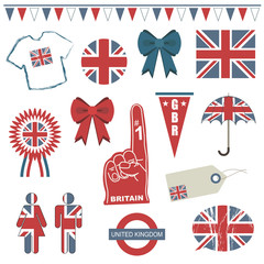 great britain union jack flag design elements vector rosette ribbons bunting clipart objects isolated on white