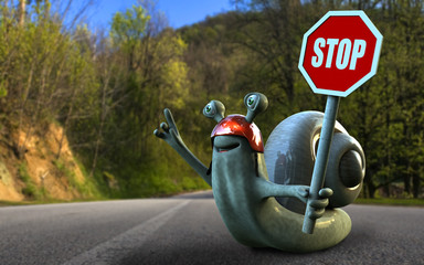 Education snail with road sign in one hand