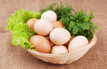 Basket with eggs on sackcloth