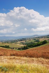 Naklejka premium Letni krajobraz z polami, mostami i zachmurzonym niebem