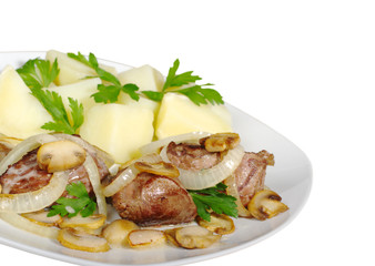 Fillet with mushroomgravy, onions and potatoes