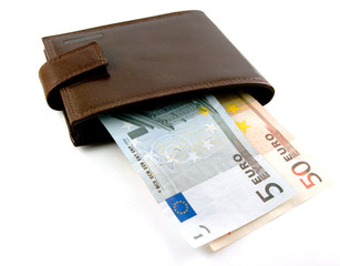 brown leather wallet stuffed with euros