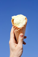 Hand holding a ice cream cone.
