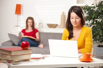 Teen students learning at home