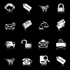 Sale and shopping icons with reflection, black series