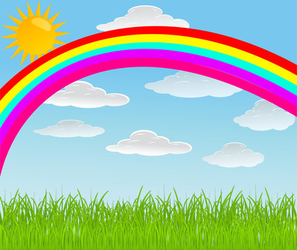vector background with sky, rainbow and sun